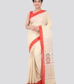 Beige hand woven pure cotton saree with blouse
