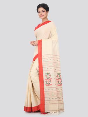 Beige hand woven pure cotton saree with blouse 2