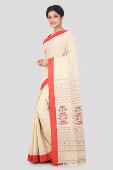 Beige hand woven pure cotton saree with blouse