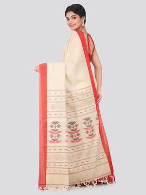 Beige hand woven pure cotton saree with blouse 3