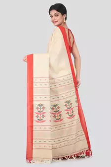 Beige hand woven pure cotton saree with blouse