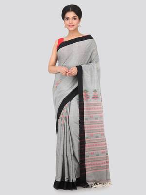 Grey hand woven pure cotton saree with blouse 1
