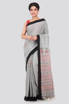 Grey hand woven pure cotton saree with blouse