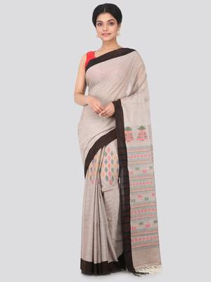 Light brown hand woven pure cotton saree with blouse 1