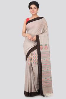 Light brown hand woven pure cotton saree with blouse