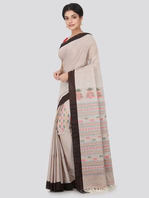 Light brown hand woven pure cotton saree with blouse 2