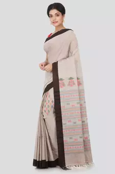 Light brown hand woven pure cotton saree with blouse