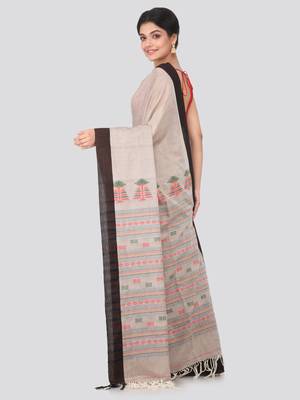 Light brown hand woven pure cotton saree with blouse 3