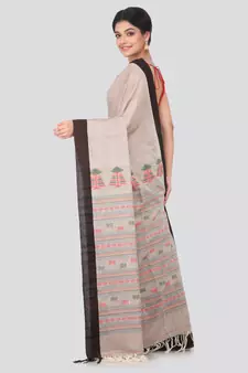 Light brown hand woven pure cotton saree with blouse