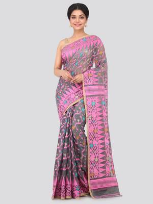 Grey Hand Woven Pure Cotton Saree Without Blouse 1