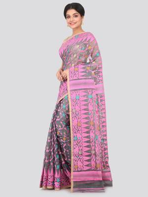 Grey Hand Woven Pure Cotton Saree Without Blouse 2