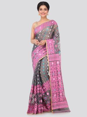 Grey Hand Woven Pure Cotton Saree Without Blouse 1