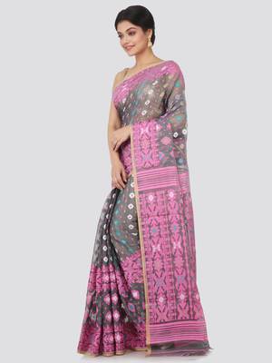 Grey Hand Woven Pure Cotton Saree Without Blouse 2