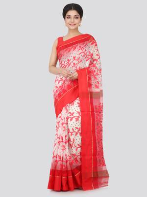 White Hand Woven Pure Cotton Saree Without Blouse 1