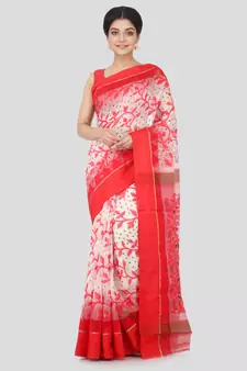 White Hand Woven Pure Cotton Saree Without Blouse