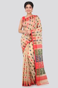 Beige Hand Woven Pure Cotton Saree Without Blouse