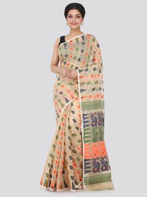 Beige Hand Woven Pure Cotton Saree Without Blouse 1
