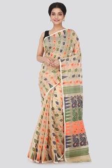Beige Hand Woven Pure Cotton Saree Without Blouse