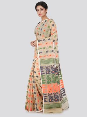 Beige Hand Woven Pure Cotton Saree Without Blouse 3