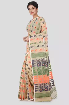 Beige Hand Woven Pure Cotton Saree Without Blouse