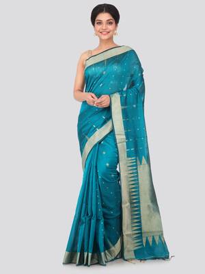 Blue hand woven cotton silk saree with blouse 1