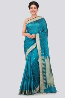Blue hand woven cotton silk saree with blouse