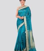Blue hand woven cotton silk saree with blouse