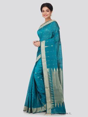 Blue hand woven cotton silk saree with blouse 2