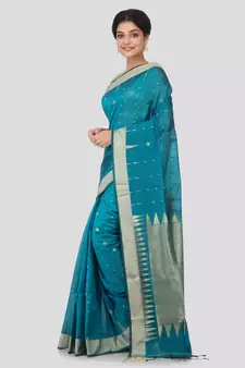 Blue hand woven cotton silk saree with blouse