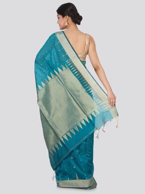 Blue hand woven cotton silk saree with blouse 3