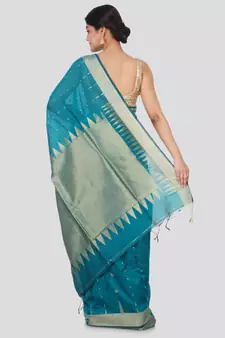 Blue hand woven cotton silk saree with blouse