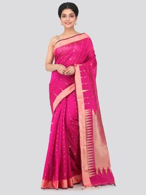 Pink hand woven cotton silk saree with blouse 1