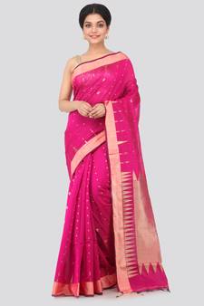 Pink hand woven cotton silk saree with blouse