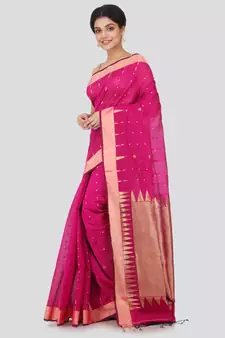 Pink hand woven cotton silk saree with blouse