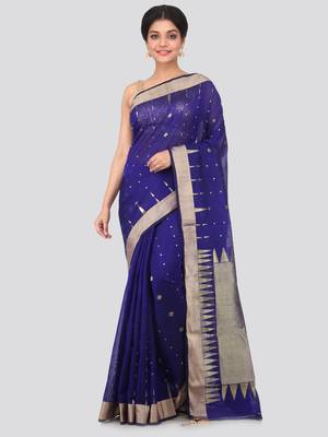 Blue Cotton Silk Bengal Handloom Saree 1