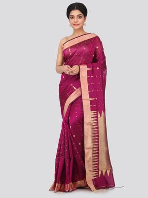 Pink hand woven cotton silk saree with blouse 1
