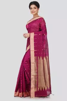 Pink hand woven cotton silk saree with blouse
