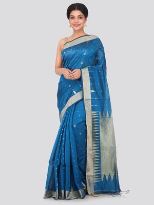 Blue hand woven cotton silk saree with blouse 1