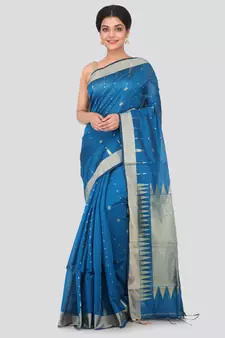 Blue hand woven cotton silk saree with blouse