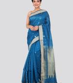Blue hand woven cotton silk saree with blouse