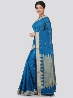 Blue hand woven cotton silk saree with blouse 2