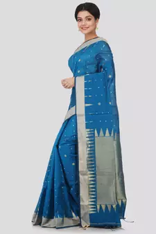 Blue hand woven cotton silk saree with blouse