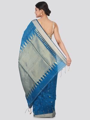 Blue hand woven cotton silk saree with blouse 3