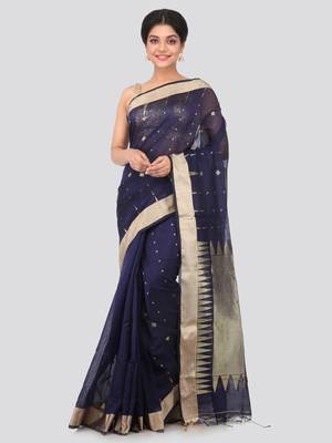 Dark blue hand woven cotton silk saree with blouse 1
