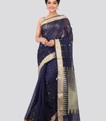Dark blue hand woven cotton silk saree with blouse