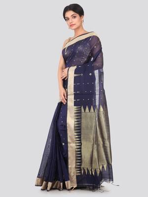 Dark blue hand woven cotton silk saree with blouse 2