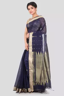 Dark blue hand woven cotton silk saree with blouse