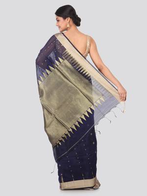 Dark blue hand woven cotton silk saree with blouse 3