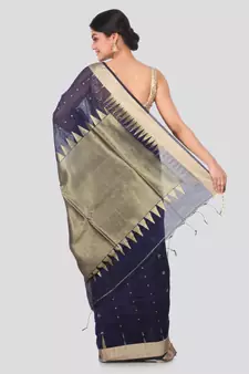 Dark blue hand woven cotton silk saree with blouse