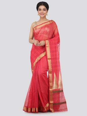 Pink hand woven cotton silk saree with blouse 1